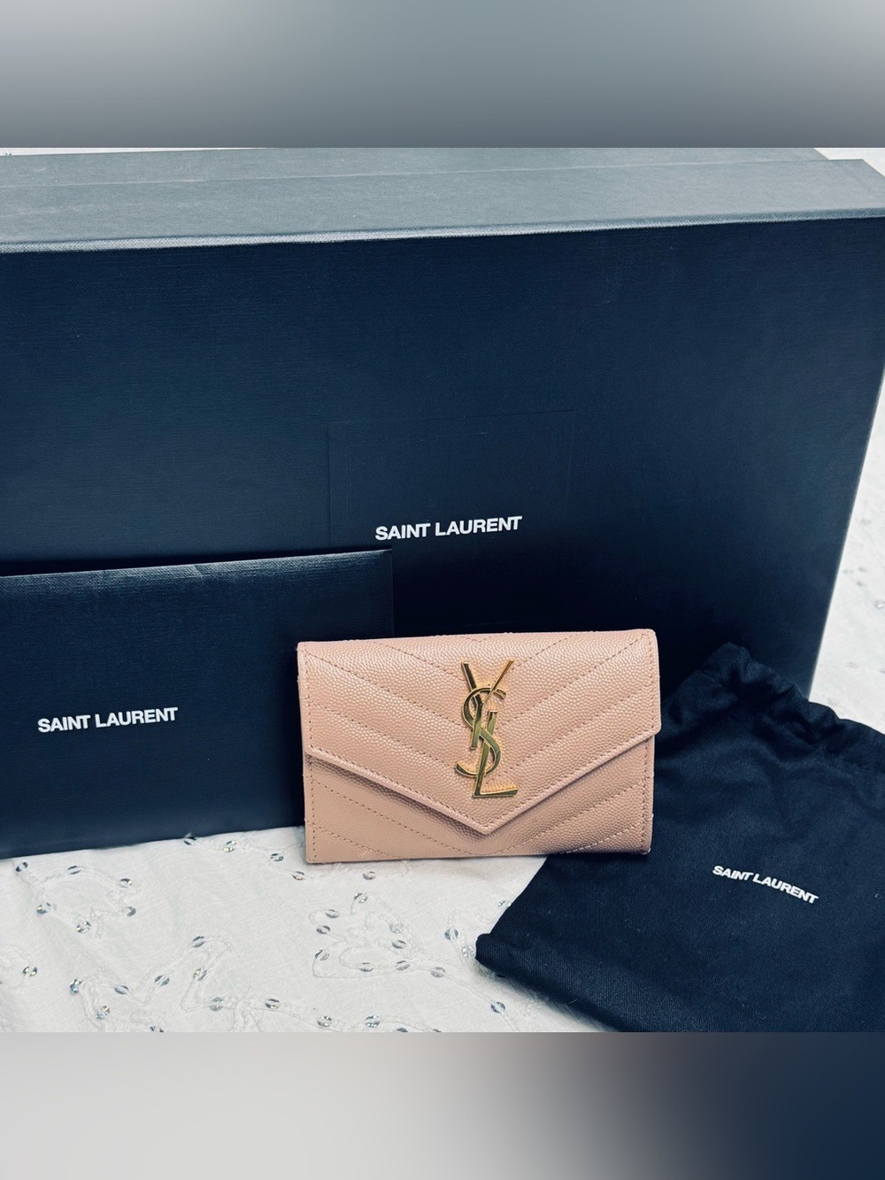 Saint Laurent Cassandre Grain De Poudre Envelope Wallet in Pale Pink (Rare Find)